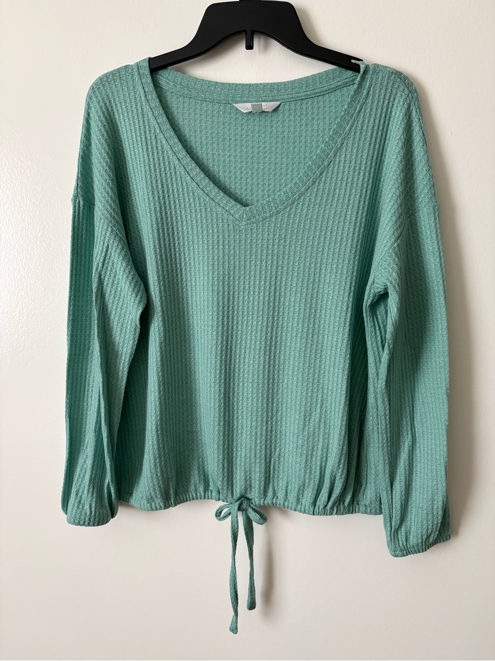 LC Lauren Conrad Seafoam Green Waffle V-Neck Drawstring Top